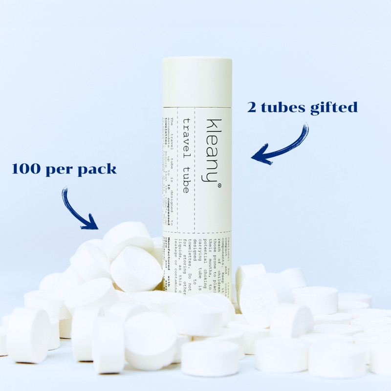 100 compressed towel tablets with Kleany travel tube